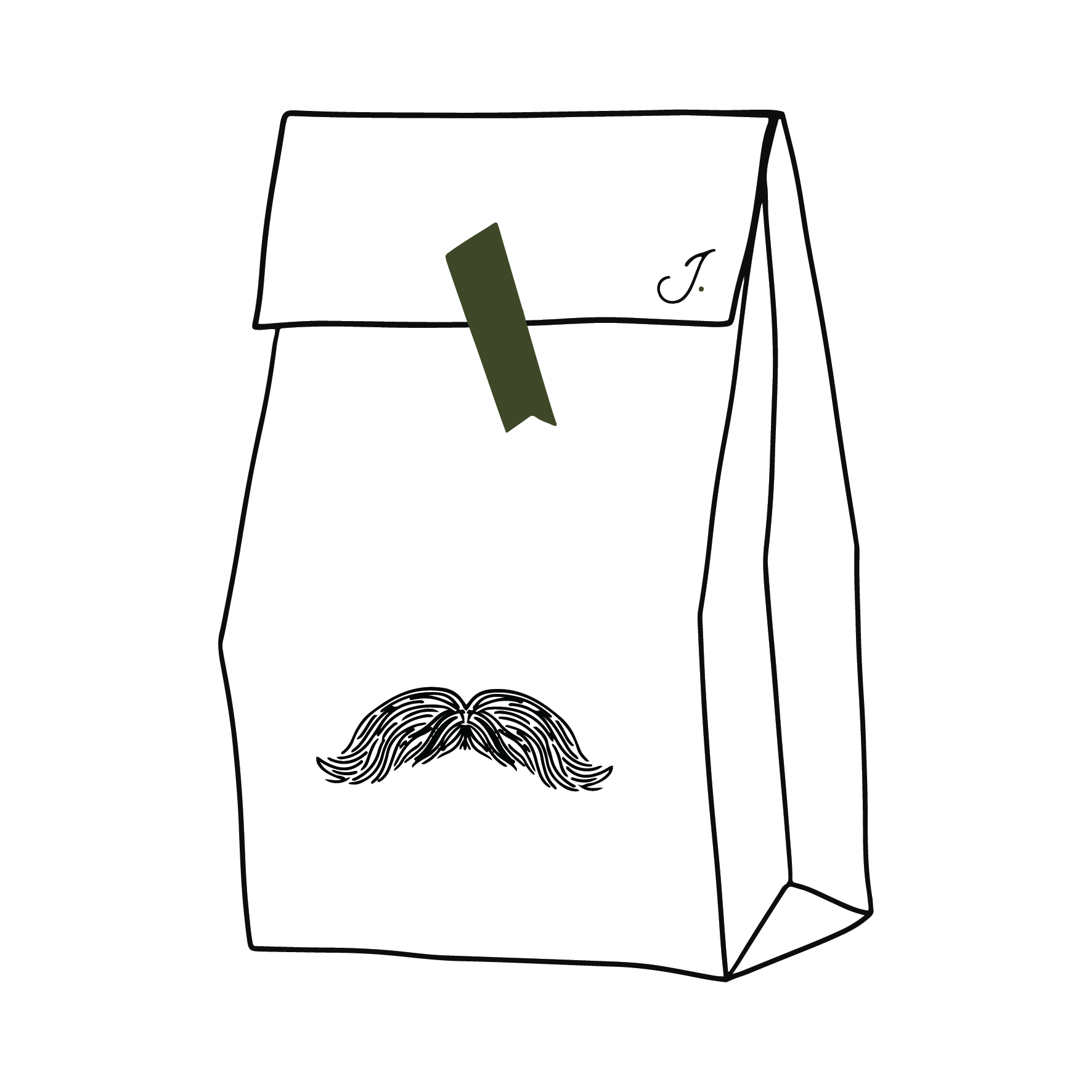 James take-away bag with green tape and mustache